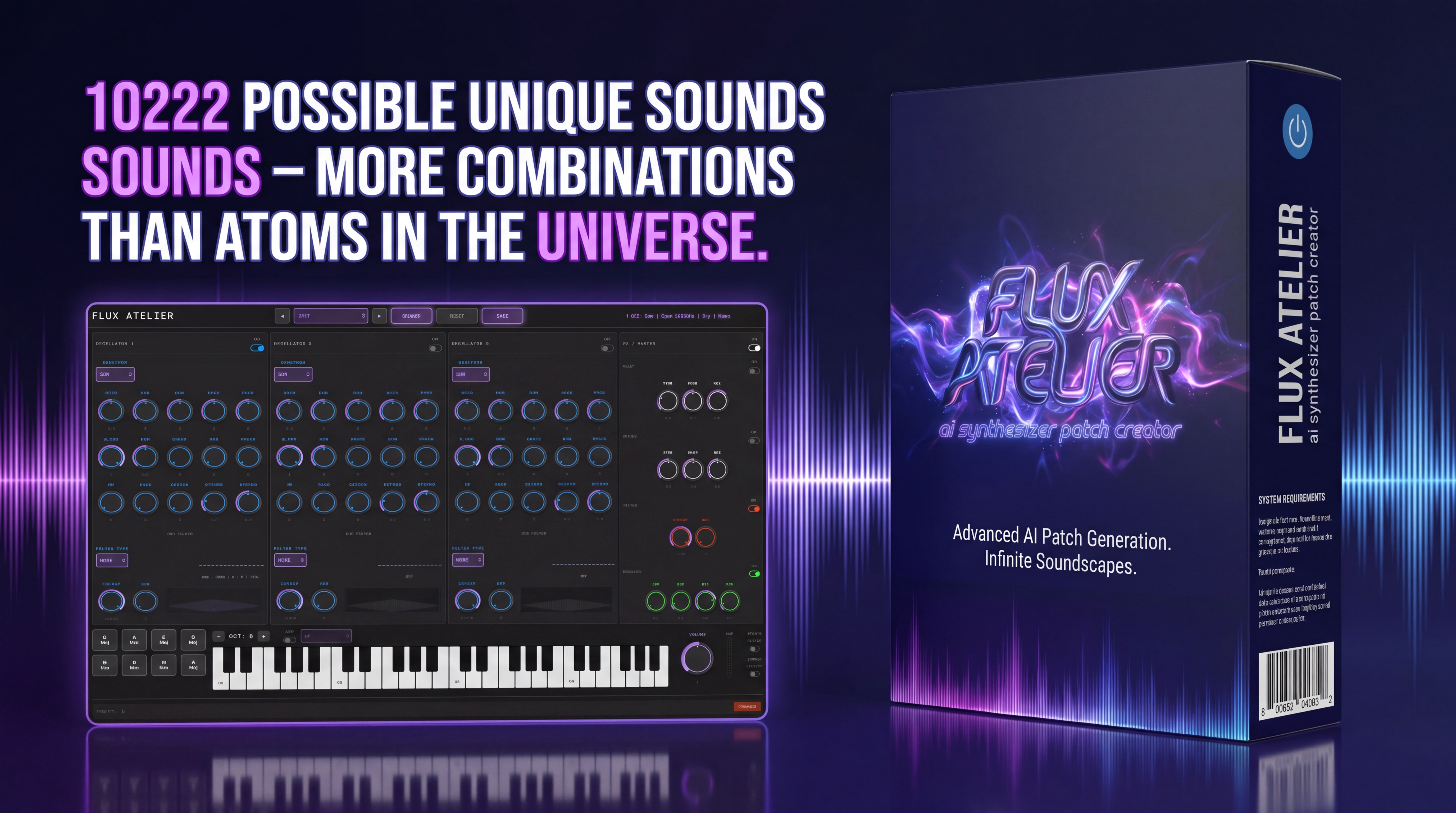 Flux Atelier — 10^222 possible unique sounds, more combinations than atoms in the universe. Advanced AI Patch Generation. Infinite Soundscapes.