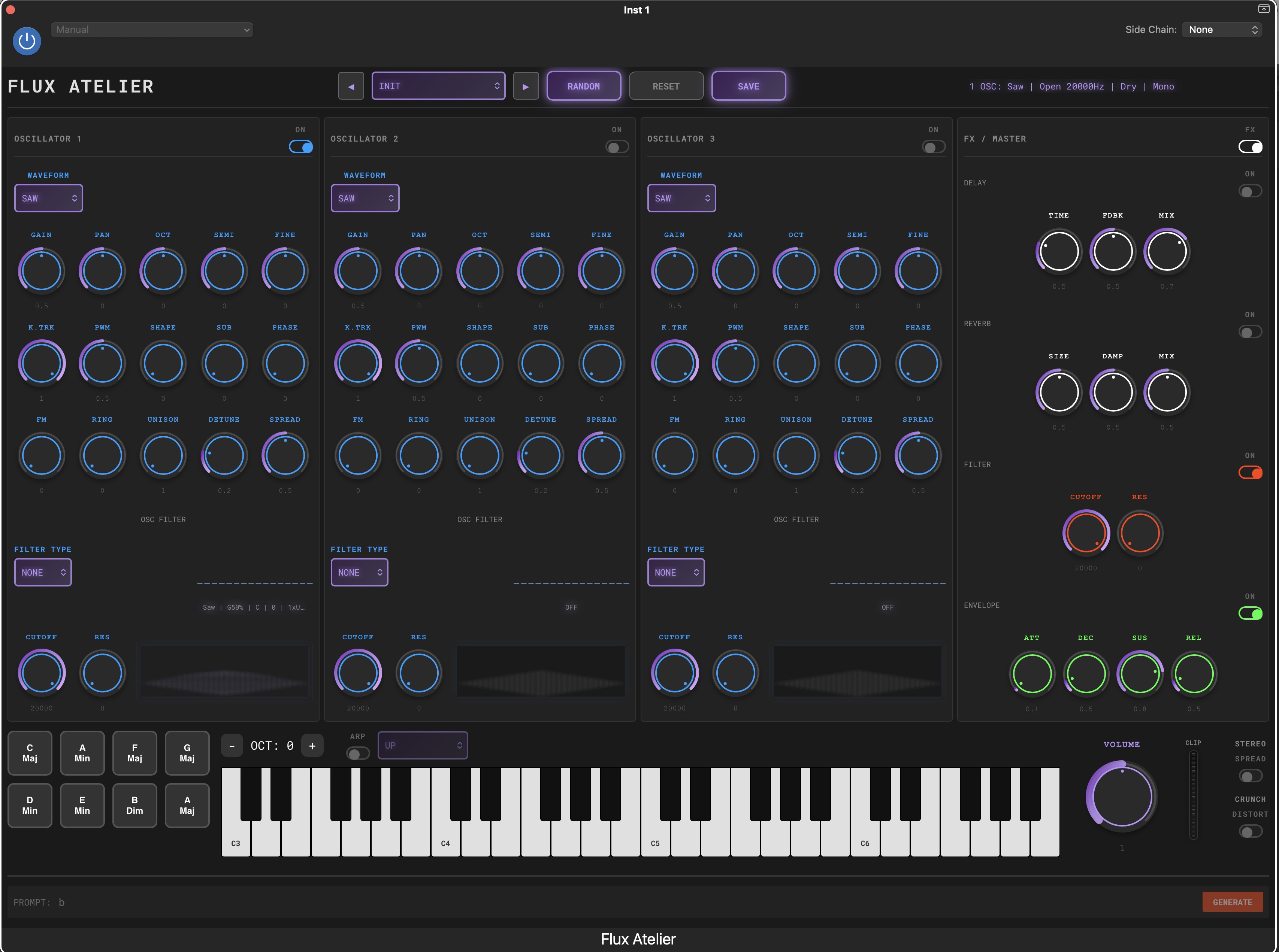 Flux Atelier plugin interface running in Logic Pro — 3 oscillators, FX chain, arpeggiator, and virtual keyboard